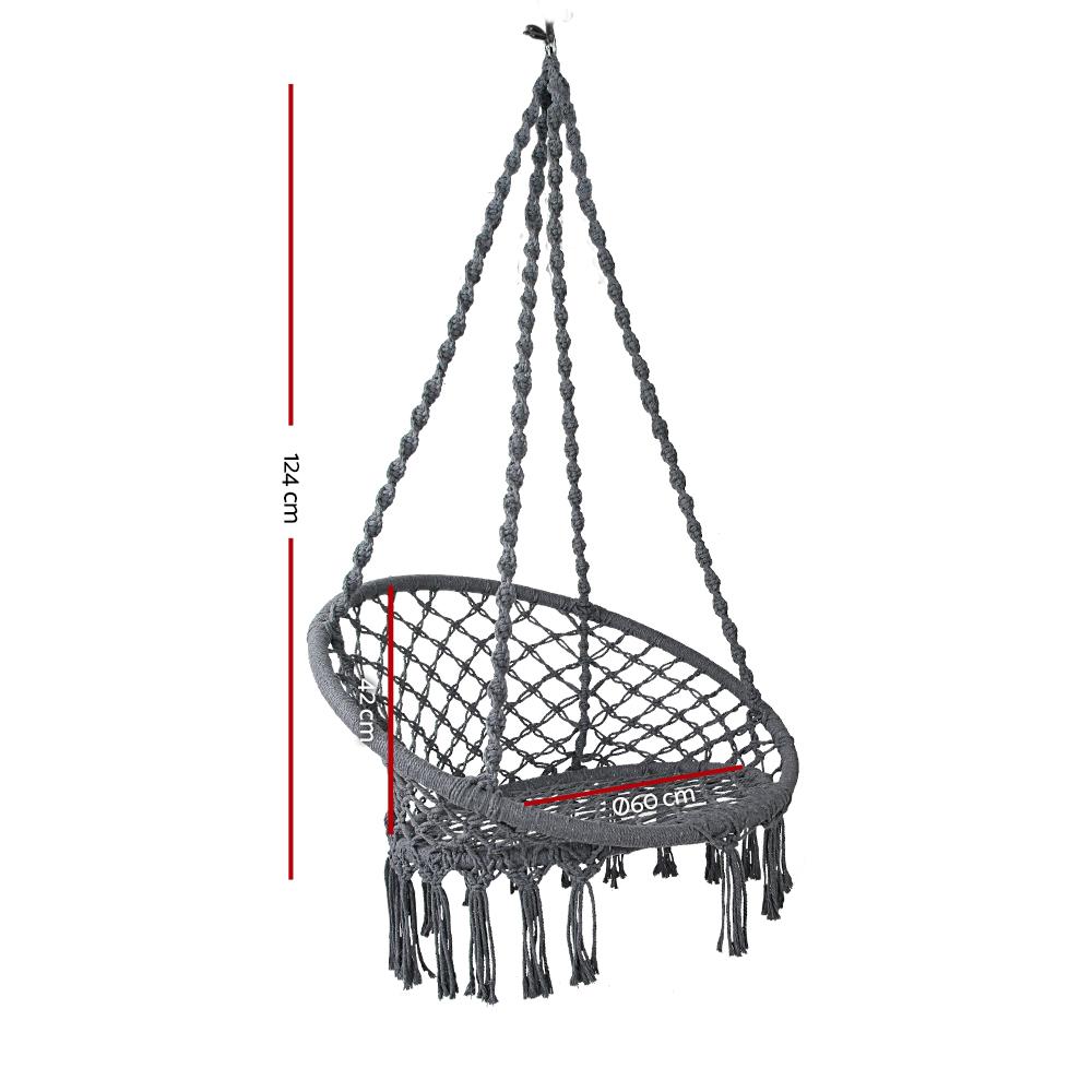 Gardeon Hammock Swing Chair in Grey with hand-made tassels and solid timber rail, suitable for indoor and outdoor use.