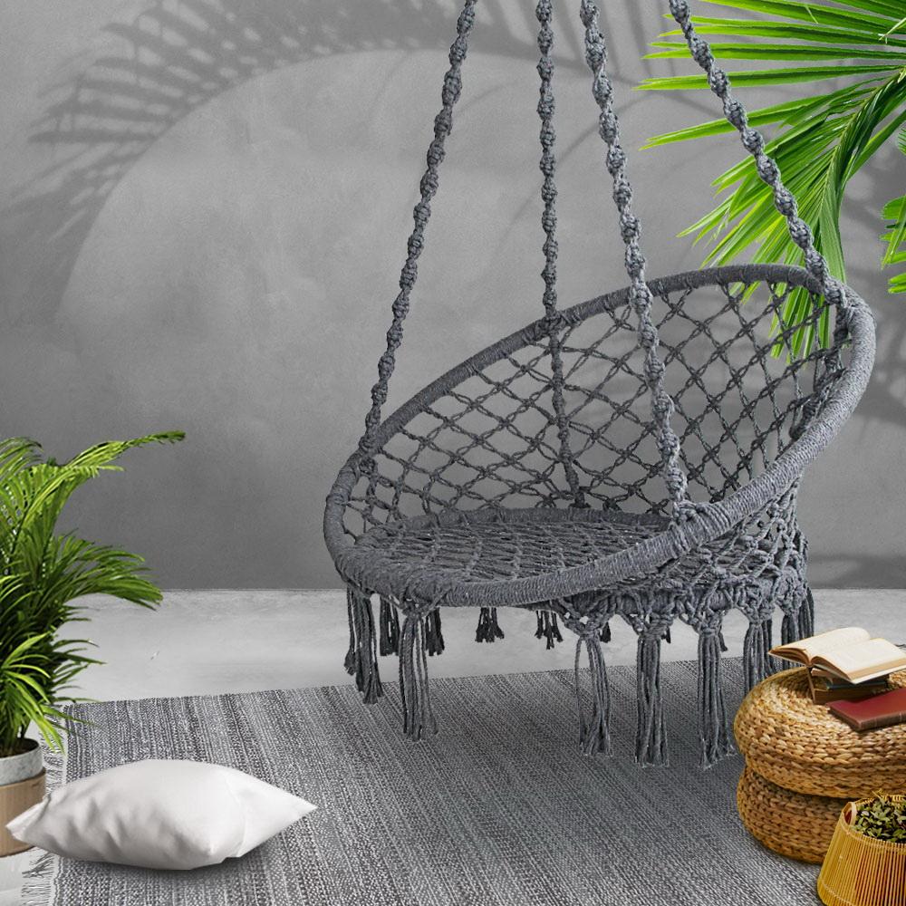 Gardeon Hammock Swing Chair in Grey with hand-made tassels and solid timber rail, suitable for indoor and outdoor use.