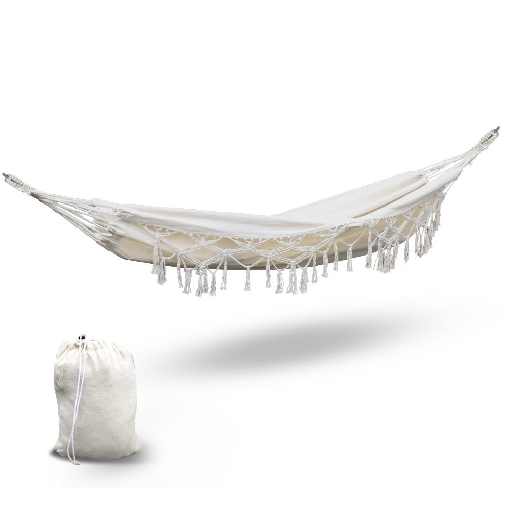 Gardeon Hanging Tassel Hammock Swing Bed in Cream color with handcrafted tassels, perfect for indoor and outdoor relaxation.