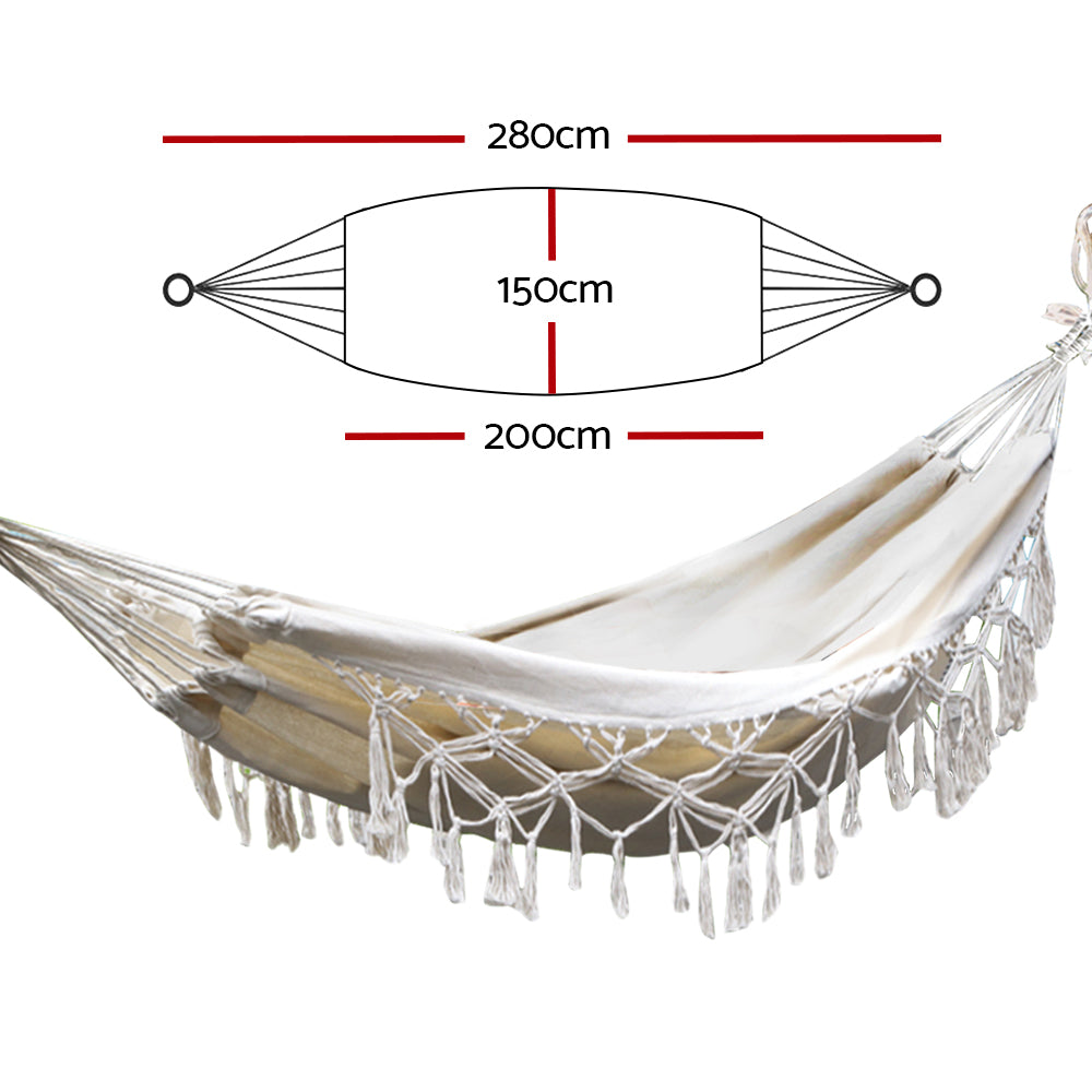 Gardeon Hanging Tassel Hammock Swing Bed in Cream color with handcrafted tassels, perfect for indoor and outdoor relaxation.