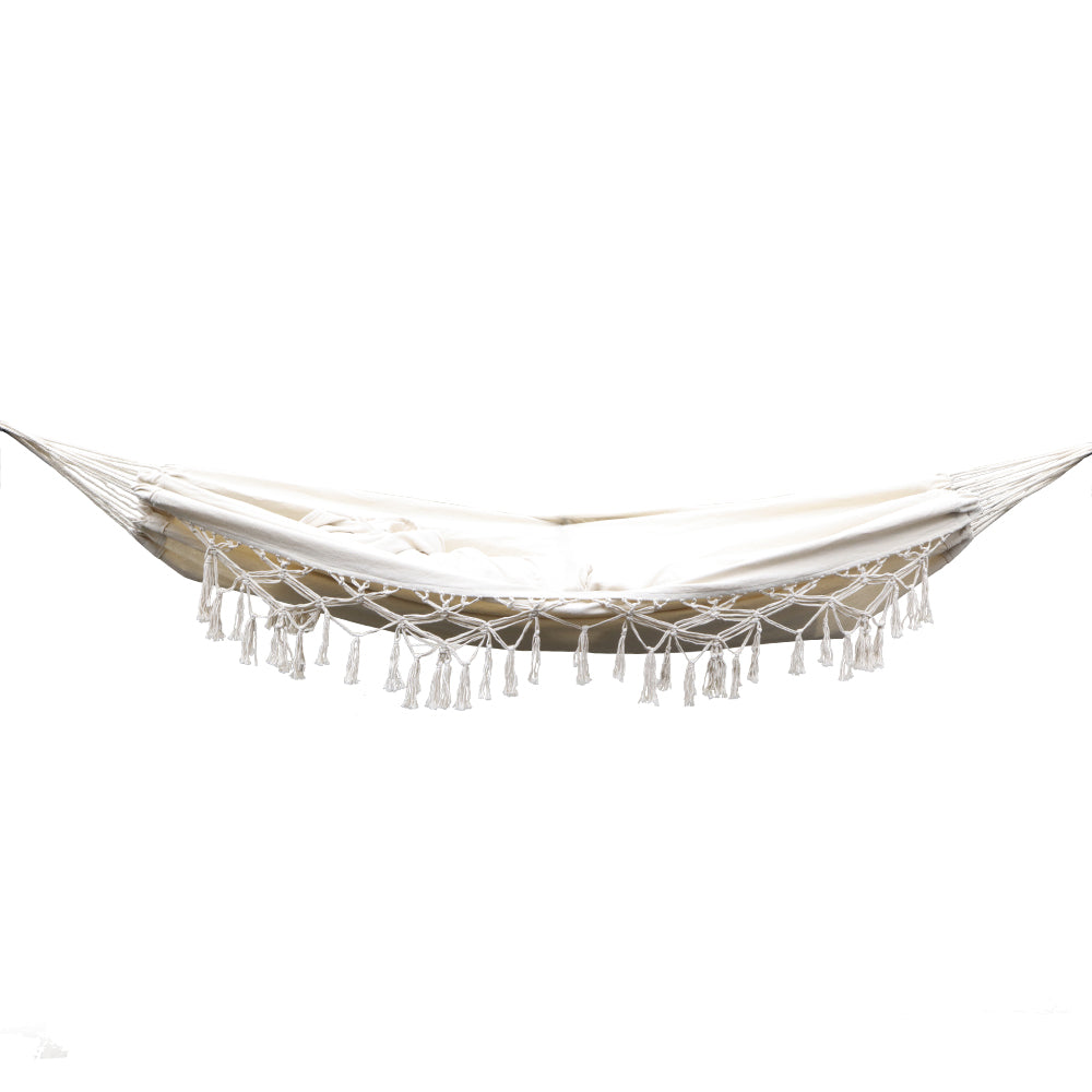 Gardeon Hanging Tassel Hammock Swing Bed in Cream color with handcrafted tassels, perfect for indoor and outdoor relaxation.