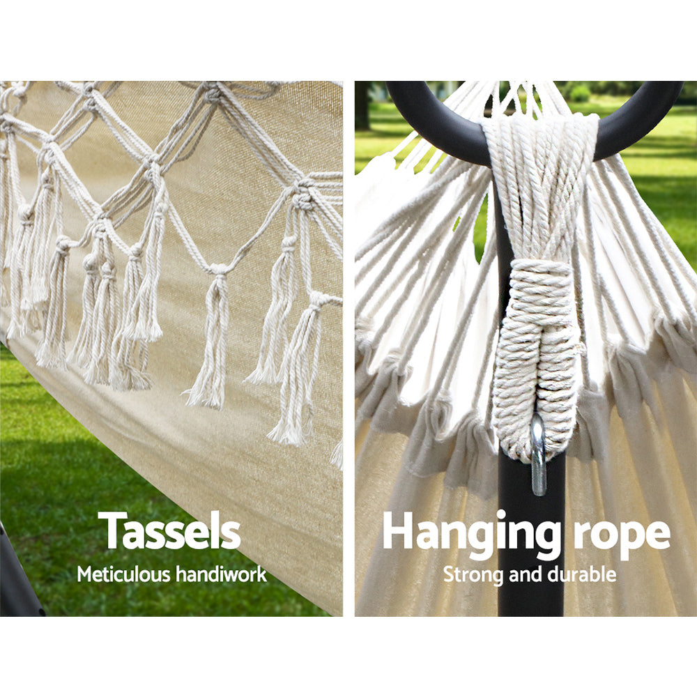 Gardeon Hanging Tassel Hammock Swing Bed in Cream color with handcrafted tassels, perfect for indoor and outdoor relaxation.