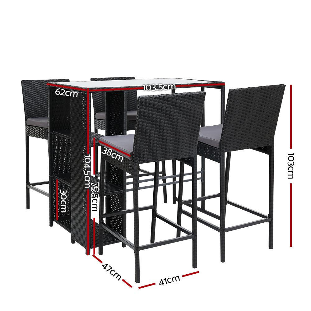 Gardeon Outdoor Bar Set featuring a stylish table and four wicker stools with grey cushions, perfect for outdoor dining.