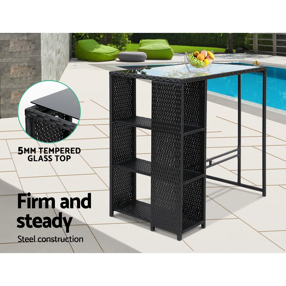 Gardeon Outdoor Bar Set featuring a stylish table and four wicker stools with grey cushions, perfect for outdoor dining.