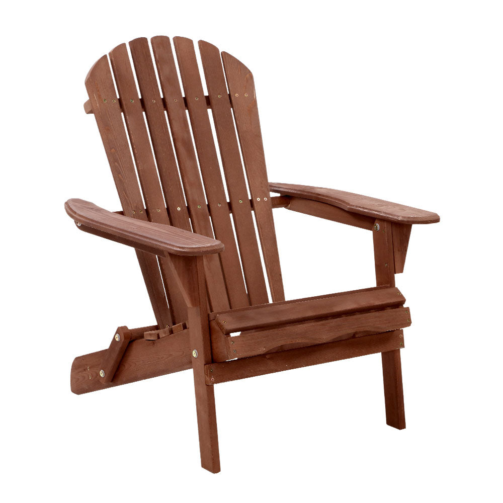 Gardeon Outdoor Furniture Beach Chair in classic Adirondack style, made from eco-friendly Canadian fir wood, showcasing its beautiful brown finish and wide armrests.