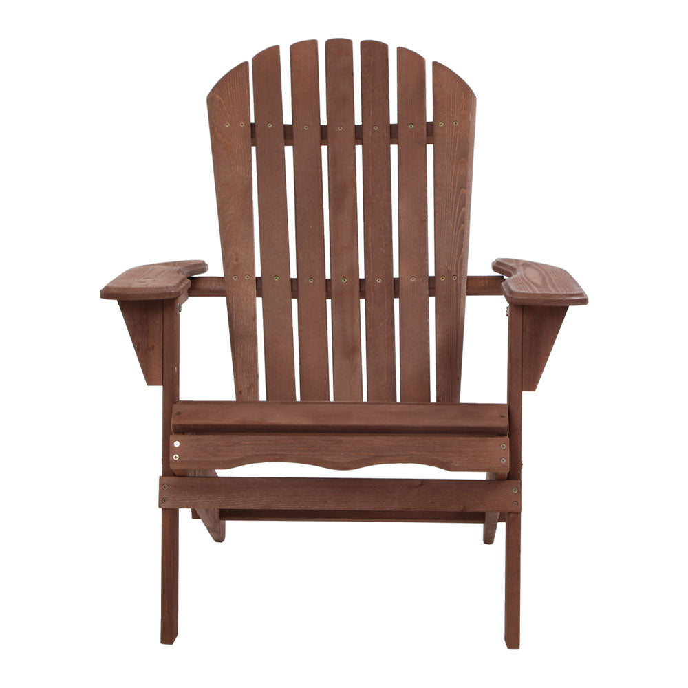 Gardeon Outdoor Furniture Beach Chair in classic Adirondack style, made from eco-friendly Canadian fir wood, showcasing its beautiful brown finish and wide armrests.