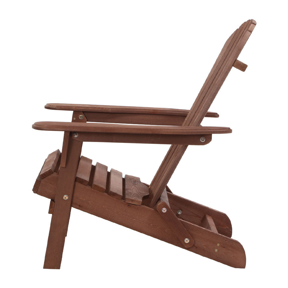 Gardeon Outdoor Furniture Beach Chair in classic Adirondack style, made from eco-friendly Canadian fir wood, showcasing its beautiful brown finish and wide armrests.