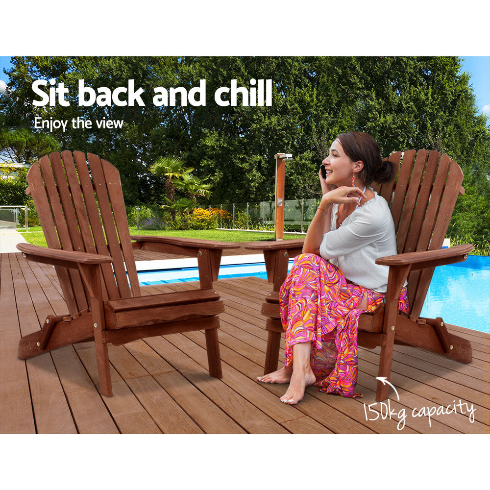 Gardeon Outdoor Furniture Beach Chair in classic Adirondack style, made from eco-friendly Canadian fir wood, showcasing its beautiful brown finish and wide armrests.