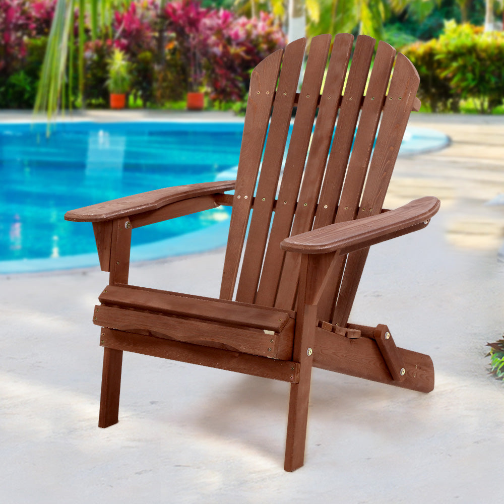 Gardeon Outdoor Furniture Beach Chair in classic Adirondack style, made from eco-friendly Canadian fir wood, showcasing its beautiful brown finish and wide armrests.