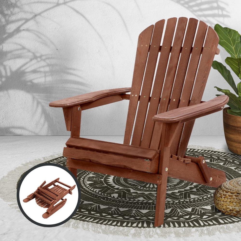 Gardeon Outdoor Furniture Beach Chair in brown, showcasing its classic Adirondack design and wide armrests, perfect for outdoor relaxation.