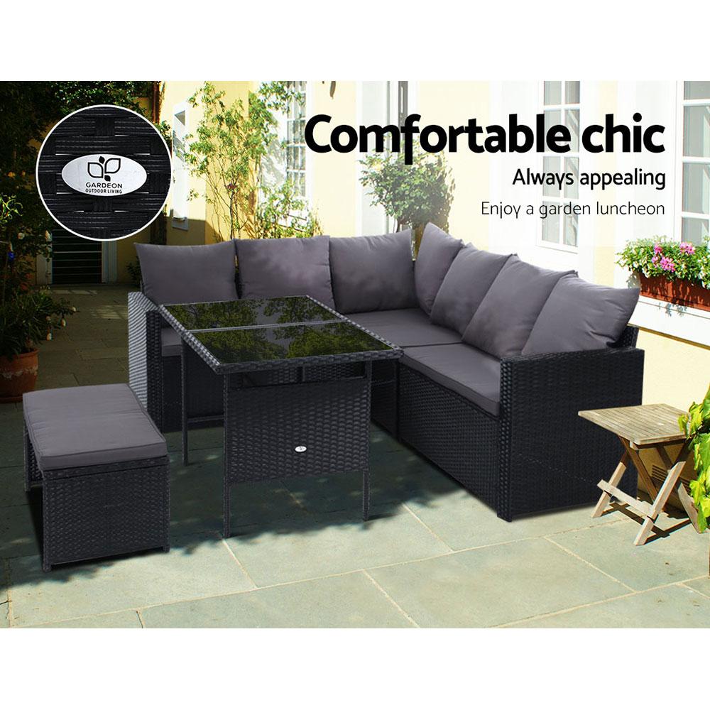 Gardeon Outdoor Furniture Dining Setting Sofa Set featuring a stylish 9-seater arrangement with dark grey cushions and black wicker finish.