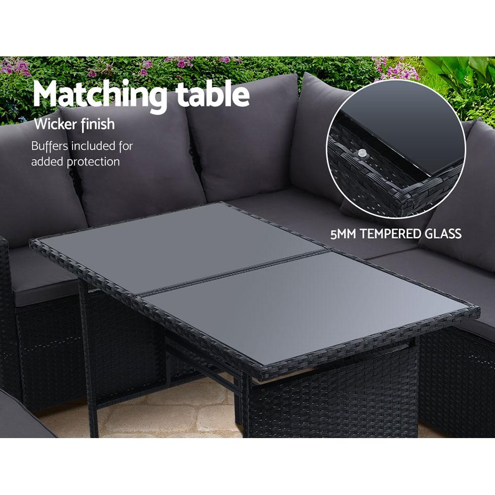 Gardeon Outdoor Furniture Dining Setting Sofa Set featuring a stylish 9-seater arrangement with dark grey cushions and black wicker finish.