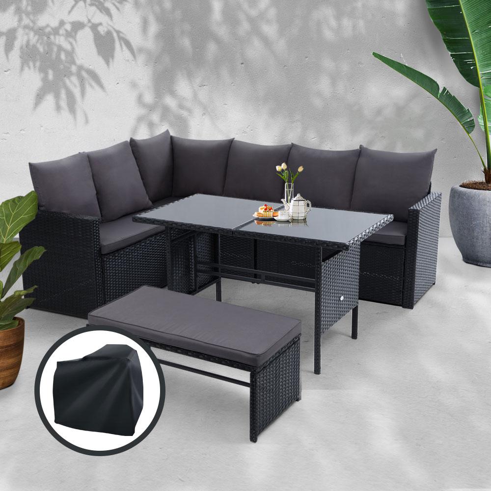 Gardeon Outdoor Furniture Dining Setting Sofa Set featuring an 8-seater wicker design with plush cushions and a glass-top table, perfect for outdoor gatherings.