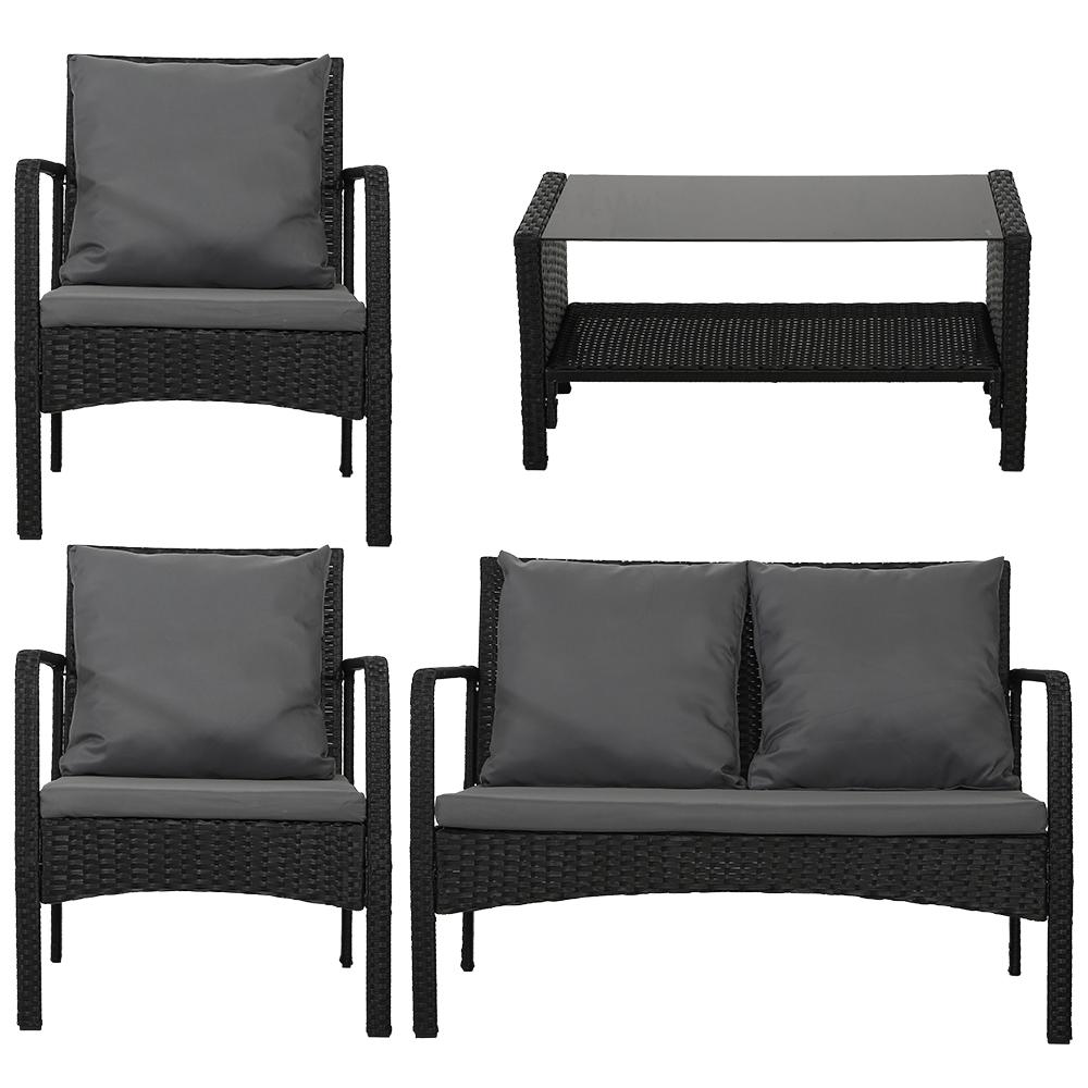 Gardeon Outdoor Furniture Lounge Set featuring two armchairs, a loveseat, and a table with cushions in a stylish garden setting.