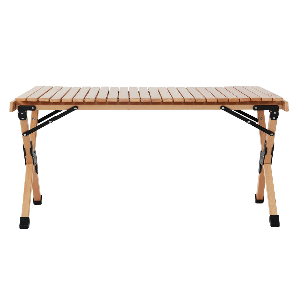 Gardeon Outdoor Furniture Wooden Egg Roll Picnic Table set up in a natural outdoor setting, showcasing its beech wood finish and lightweight design.