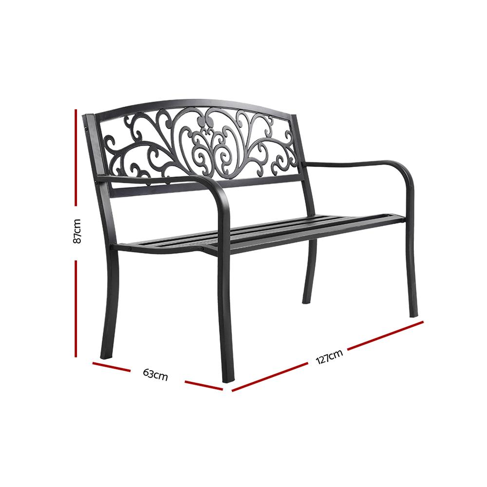 Gardeon Outdoor Garden Bench in black with Victorian design, featuring a cast iron backrest and powder-coated steel legs, suitable for outdoor use.