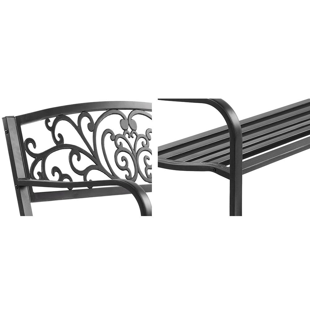 Gardeon Outdoor Garden Bench in black with Victorian design, featuring a cast iron backrest and powder-coated steel legs, suitable for outdoor use.