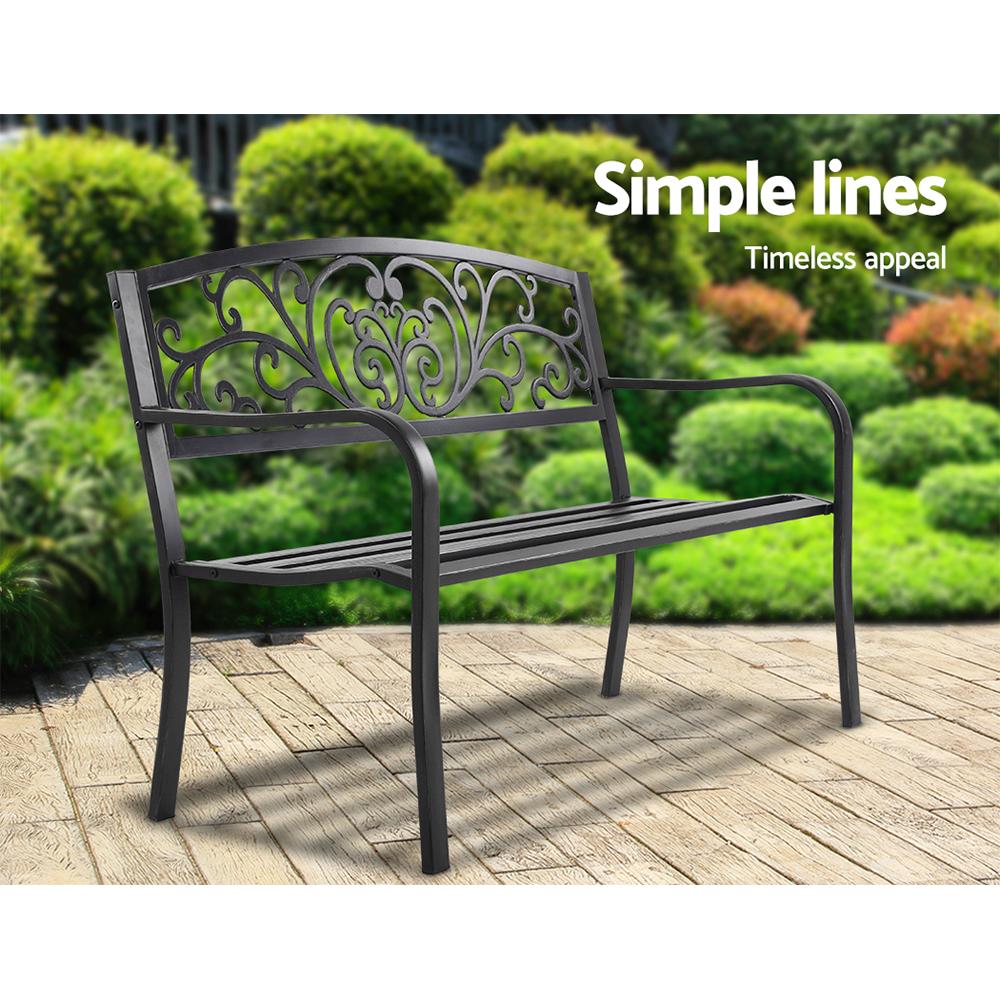 Gardeon Outdoor Garden Bench in black with Victorian design, featuring a cast iron backrest and powder-coated steel legs, suitable for outdoor use.