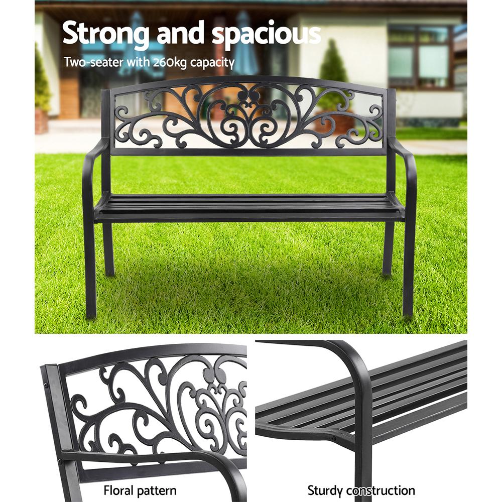 Gardeon Outdoor Garden Bench in black with Victorian design, featuring a cast iron backrest and powder-coated steel legs, suitable for outdoor use.