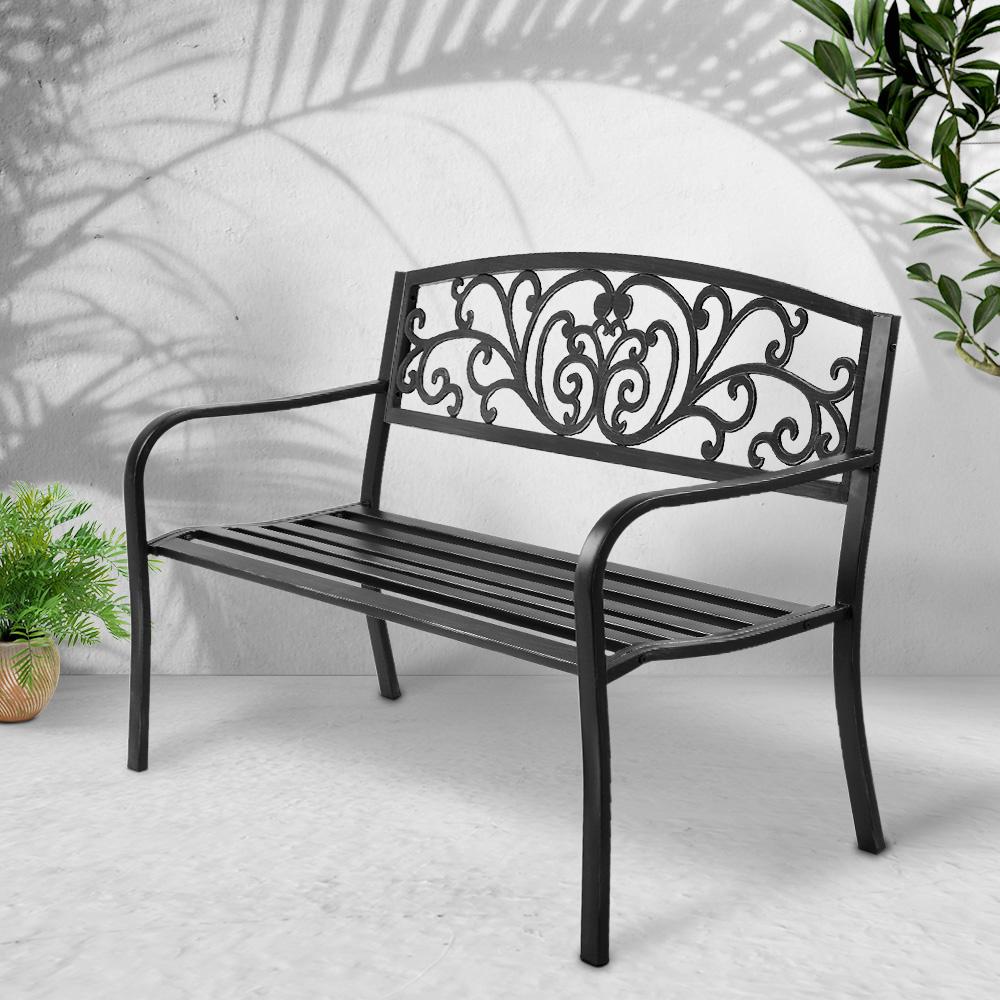 Gardeon Outdoor Garden Bench in black with Victorian design, featuring a cast iron backrest and powder-coated steel legs, suitable for outdoor use.