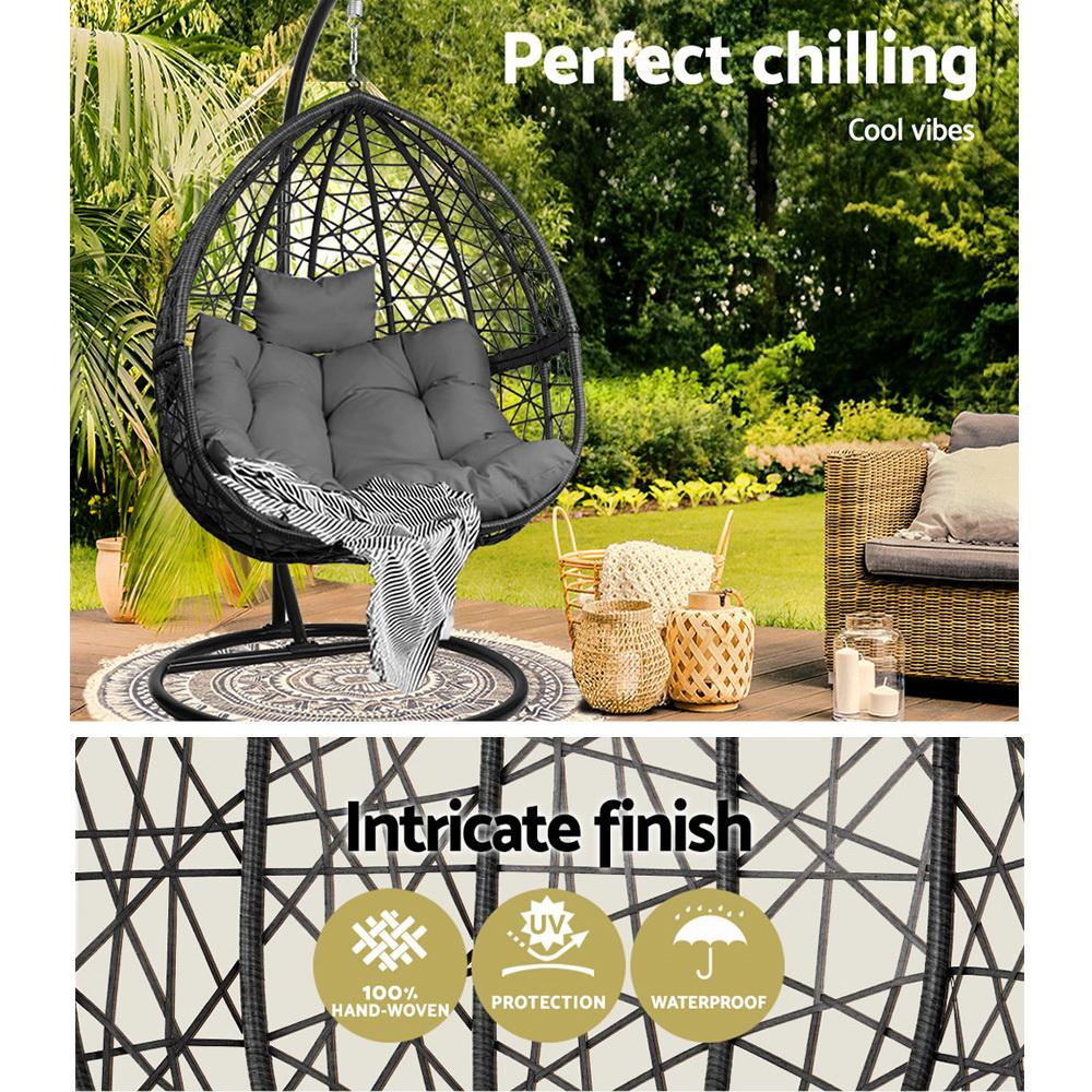 Gardeon Outdoor Hanging Swing Chair in black, featuring a sturdy frame and plush cushion, perfect for outdoor relaxation.