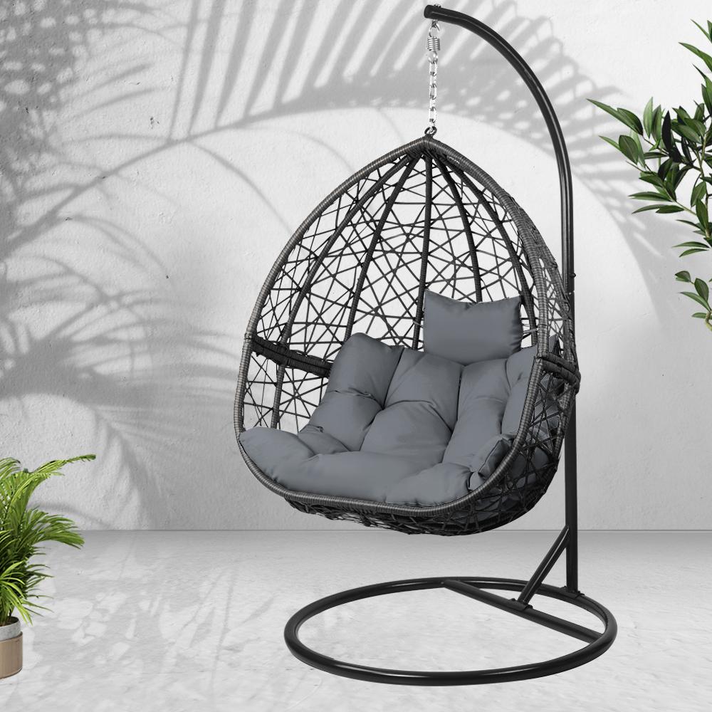 Gardeon Outdoor Hanging Swing Chair in black, featuring a sturdy frame and plush cushion, perfect for outdoor relaxation.