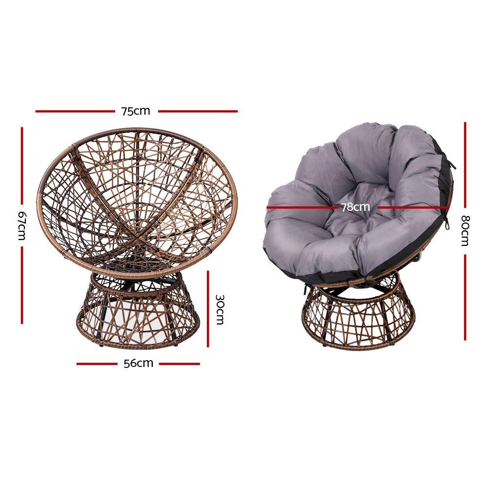 Gardeon Outdoor Lounge Setting featuring two Papasan chairs with thick cushions and a round side table with tempered glass top, set in a garden.