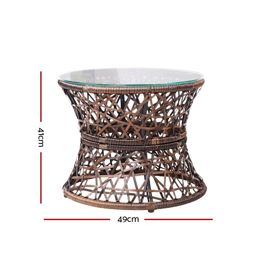 Gardeon Outdoor Lounge Setting featuring two Papasan chairs with thick cushions and a round side table with tempered glass top, set in a garden.