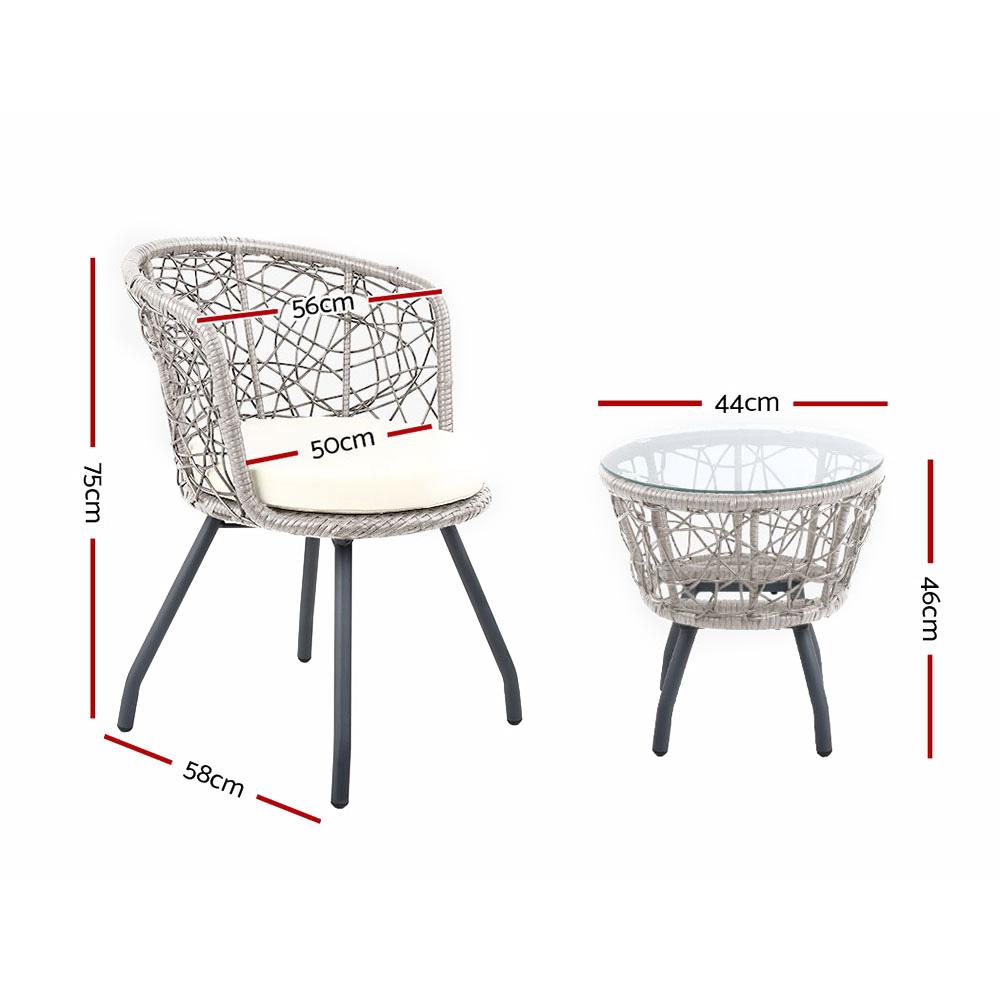 Gardeon Outdoor Patio Chair and Table set in grey with high-density foam cushions and tempered glass top, perfect for outdoor relaxation.