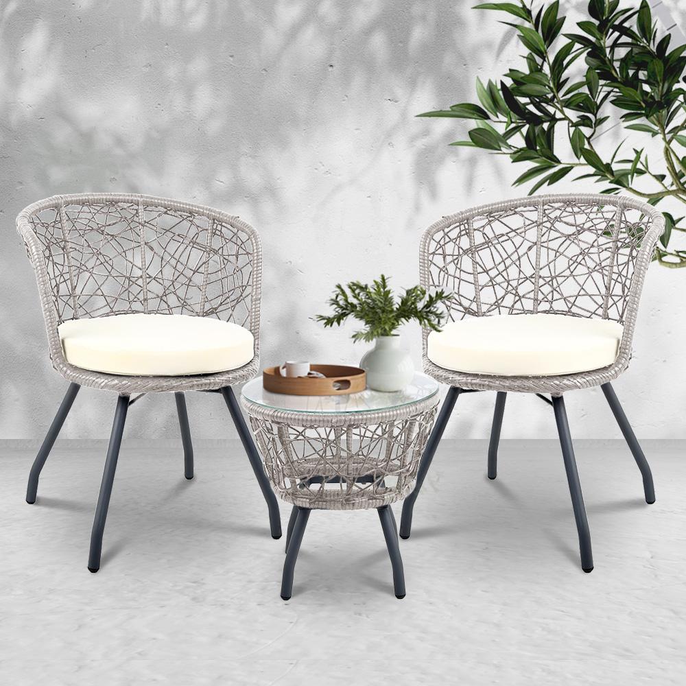 Gardeon Outdoor Patio Chair and Table set in grey with high-density foam cushions and tempered glass top, perfect for outdoor relaxation.