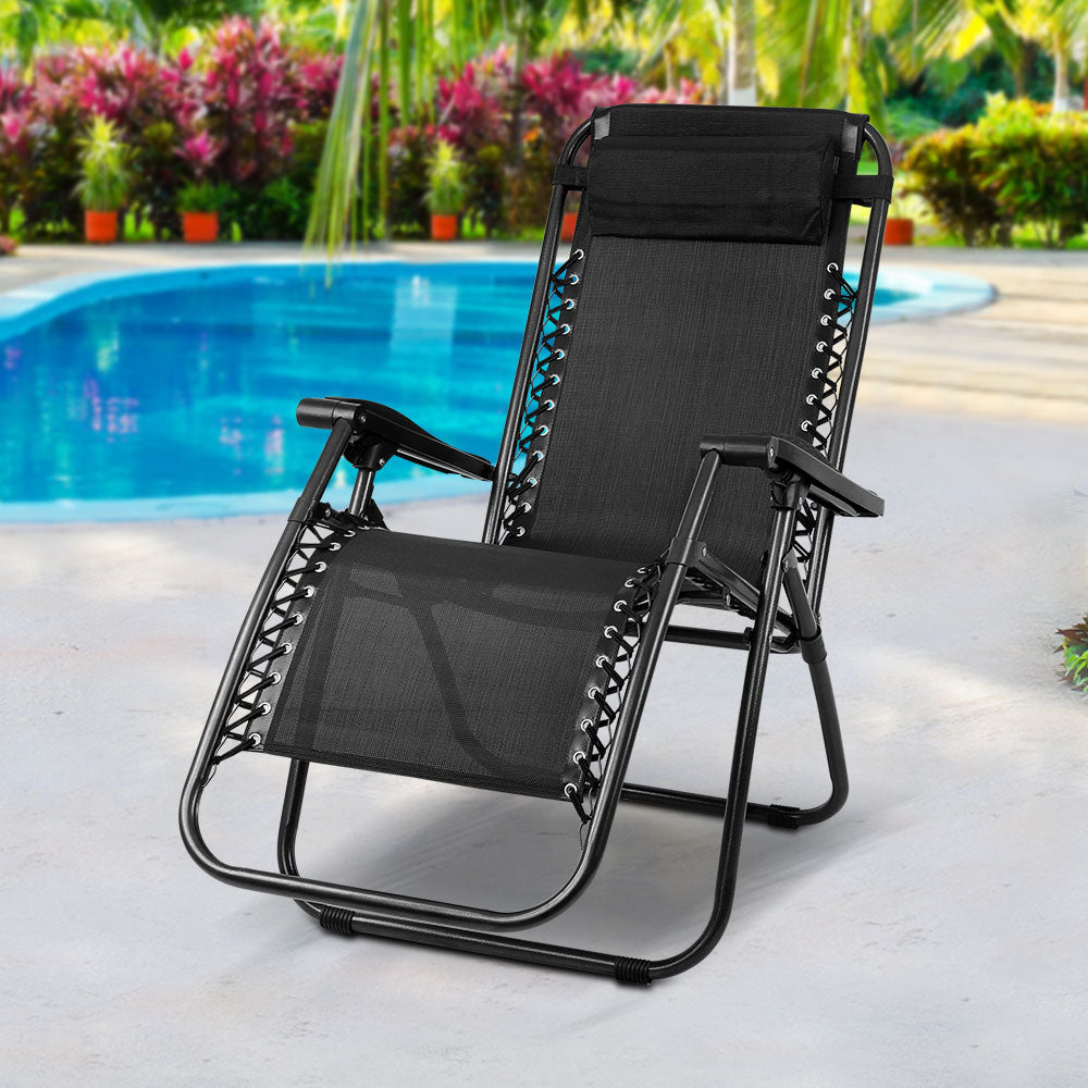 Gardeon Outdoor Portable Recliner in black, showcasing its sleek design and adjustable features for outdoor relaxation.