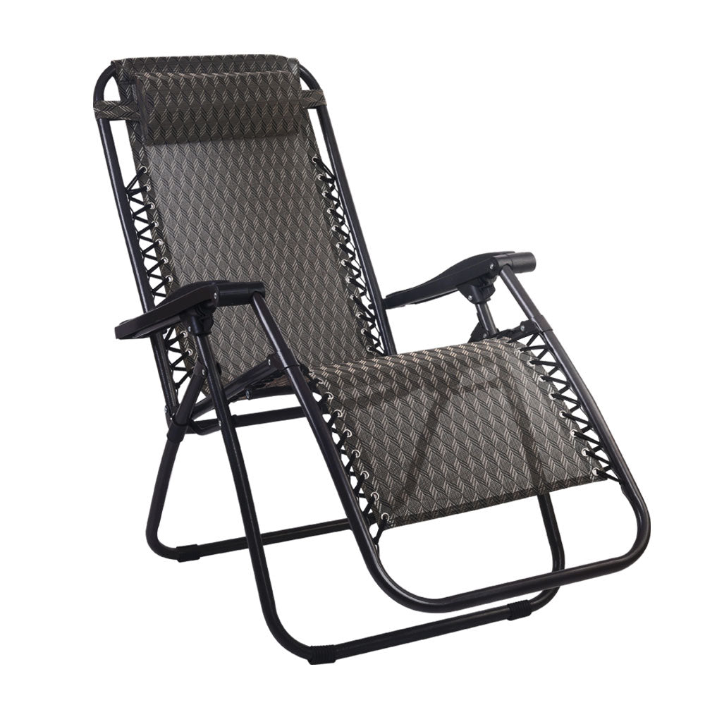 Gardeon Outdoor Portable Recliner in grey, showcasing its sleek design and padded headrest, perfect for outdoor relaxation.