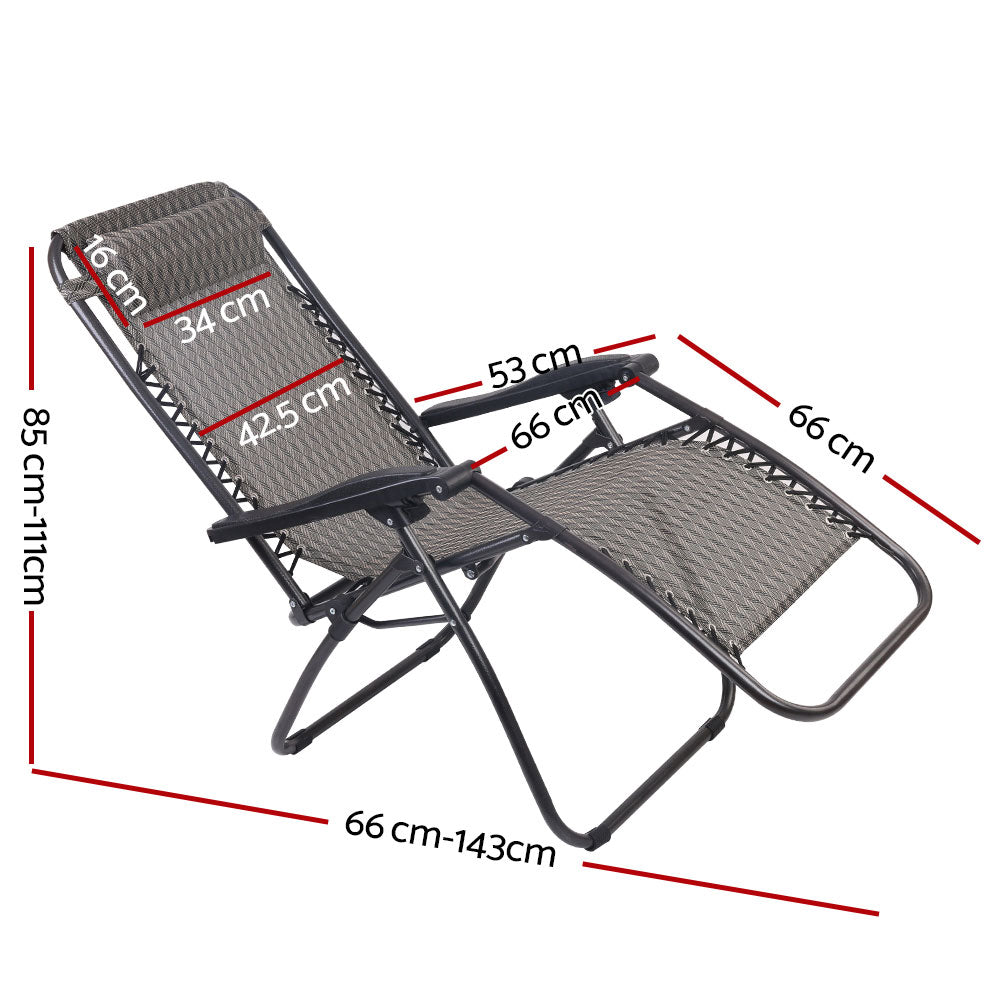 Gardeon Outdoor Portable Recliner in grey, showcasing its sleek design and padded headrest, perfect for outdoor relaxation.