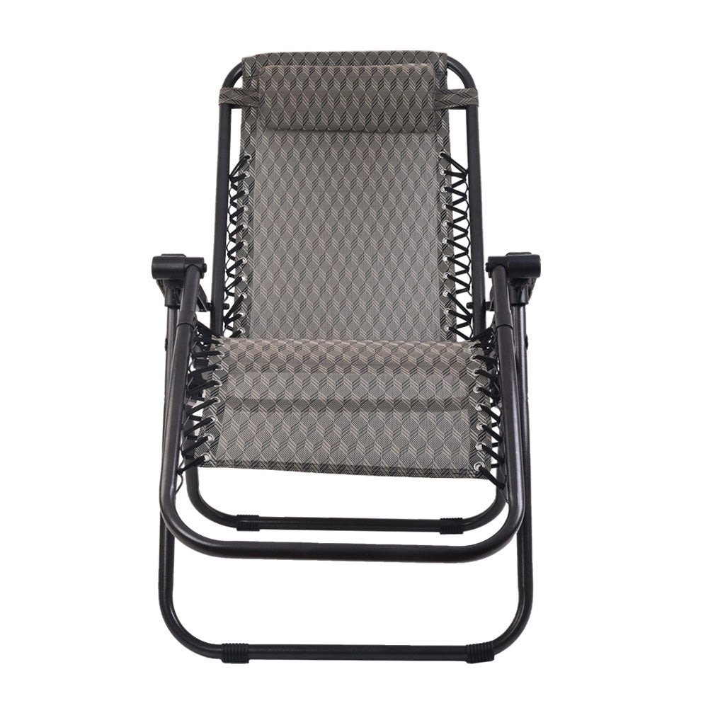 Gardeon Outdoor Portable Recliner in grey, showcasing its sleek design and padded headrest, perfect for outdoor relaxation.