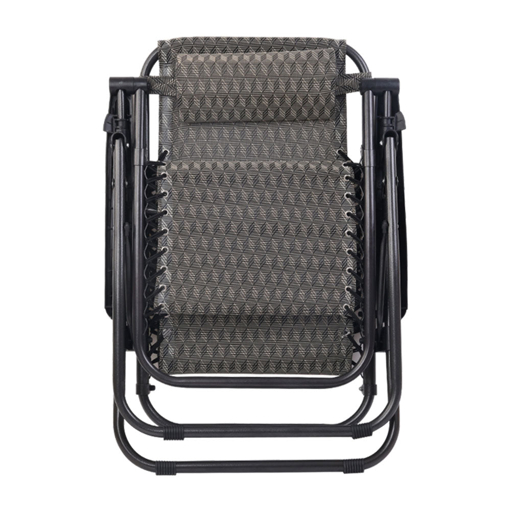 Gardeon Outdoor Portable Recliner in grey, showcasing its sleek design and padded headrest, perfect for outdoor relaxation.