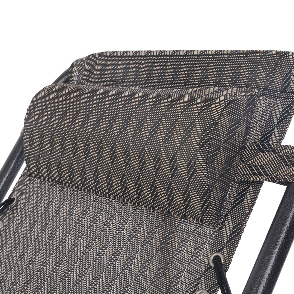 Gardeon Outdoor Portable Recliner in grey, showcasing its sleek design and padded headrest, perfect for outdoor relaxation.