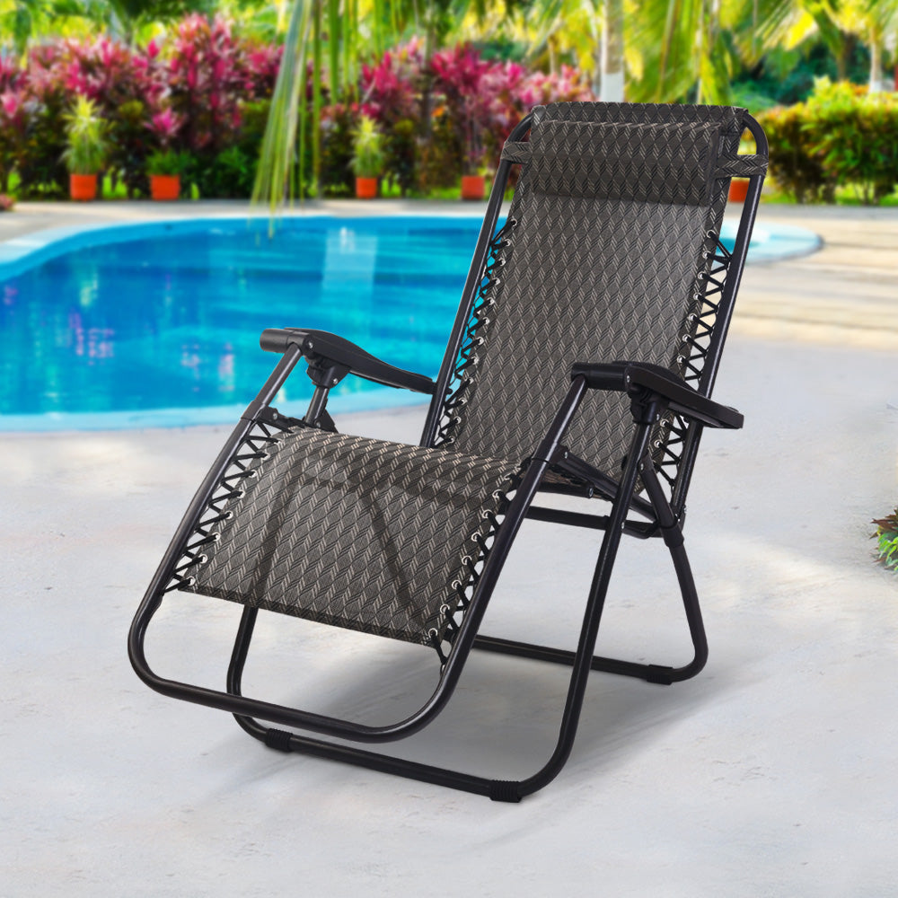 Gardeon Outdoor Portable Recliner in grey, showcasing its sleek design and padded headrest, perfect for outdoor relaxation.