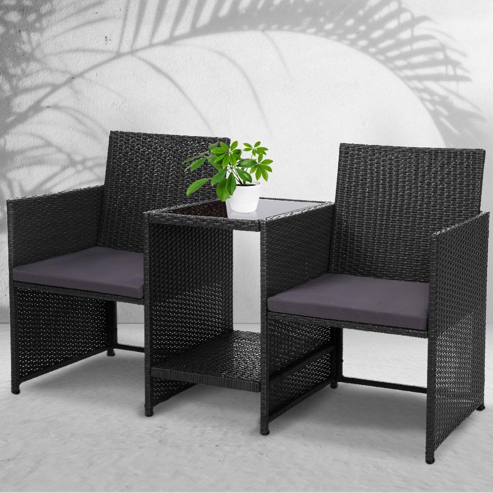 Gardeon Outdoor Setting Wicker Loveseat Bistro Set featuring two armchairs and a table, perfect for patio and garden use.