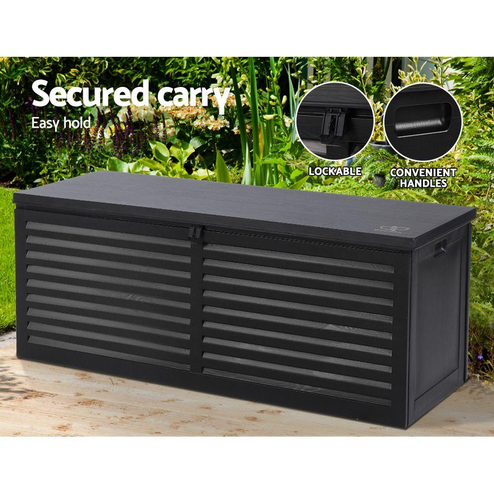 Gardeon Outdoor Storage Box with lockable lid, showcasing its sleek black design and spacious interior for versatile storage.