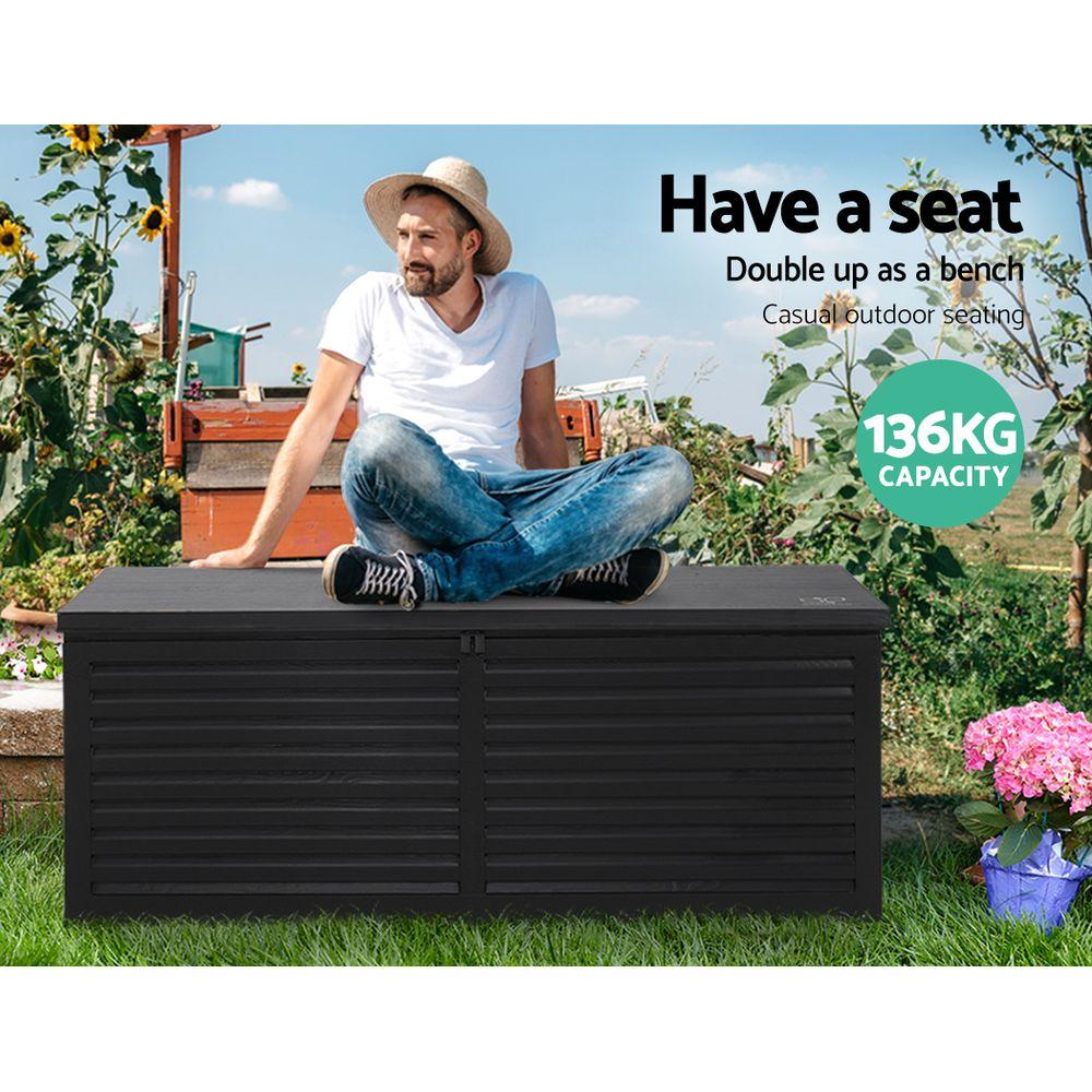 Gardeon Outdoor Storage Box with lockable lid, showcasing its sleek black design and spacious interior for versatile storage.