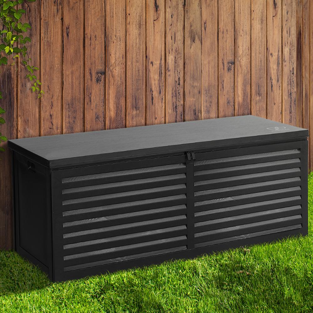 Gardeon Outdoor Storage Box with lockable lid, showcasing its sleek black design and spacious interior for versatile storage.