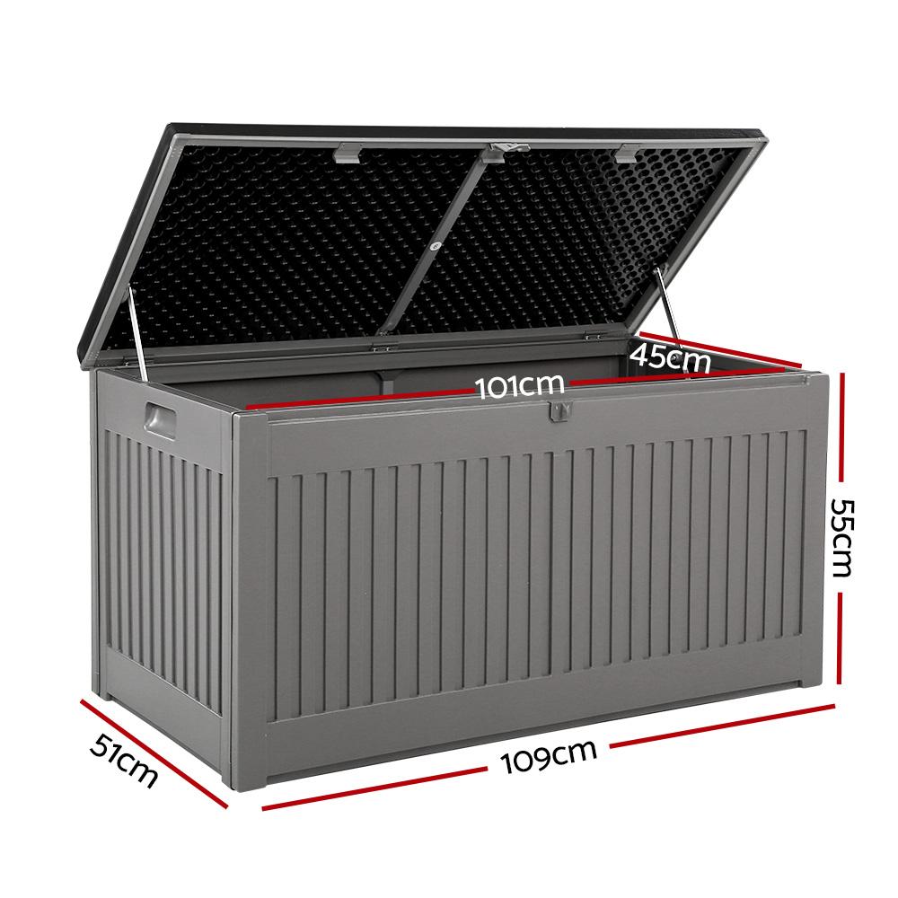 Gardeon Outdoor Storage Box in dark grey, showcasing its large capacity and stylish design, suitable for indoor and outdoor use.