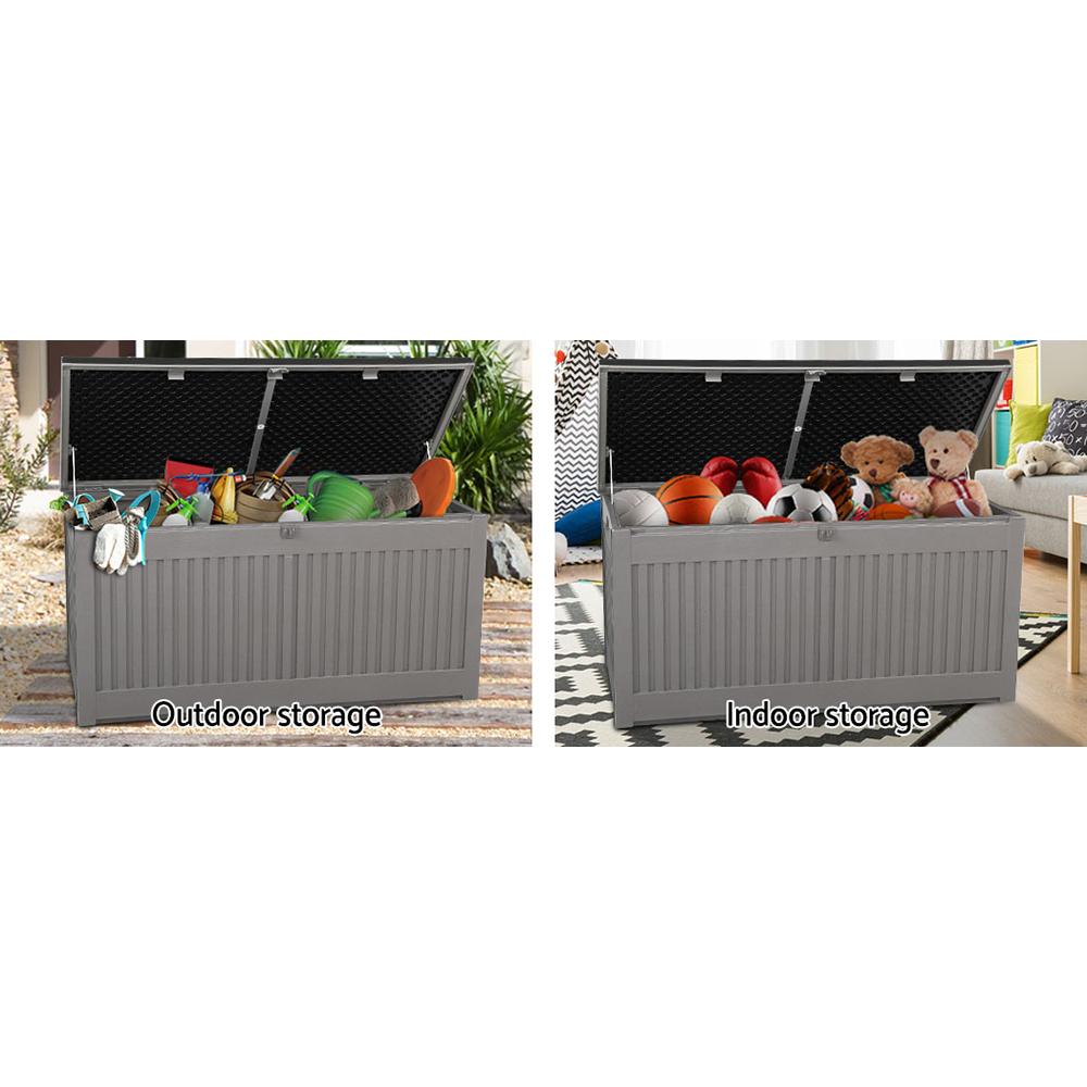 Gardeon Outdoor Storage Box in dark grey, showcasing its large capacity and stylish design, suitable for indoor and outdoor use.