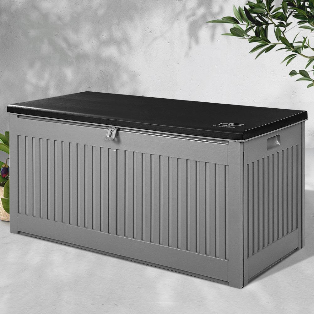 Gardeon Outdoor Storage Box in dark grey, showcasing its large capacity and stylish design, suitable for indoor and outdoor use.