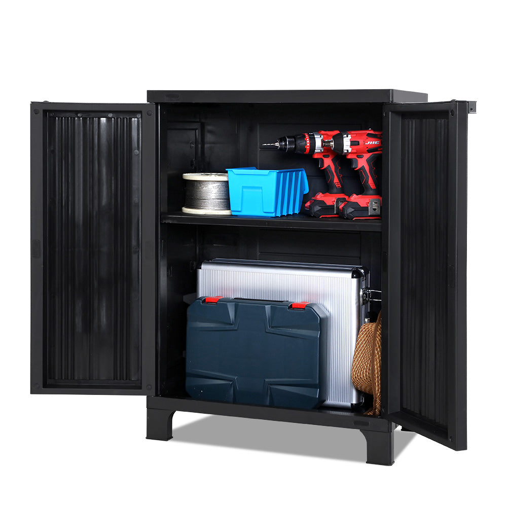 Gardeon Outdoor Storage Cabinet in a garden setting, showcasing its stylish design and lockable doors.