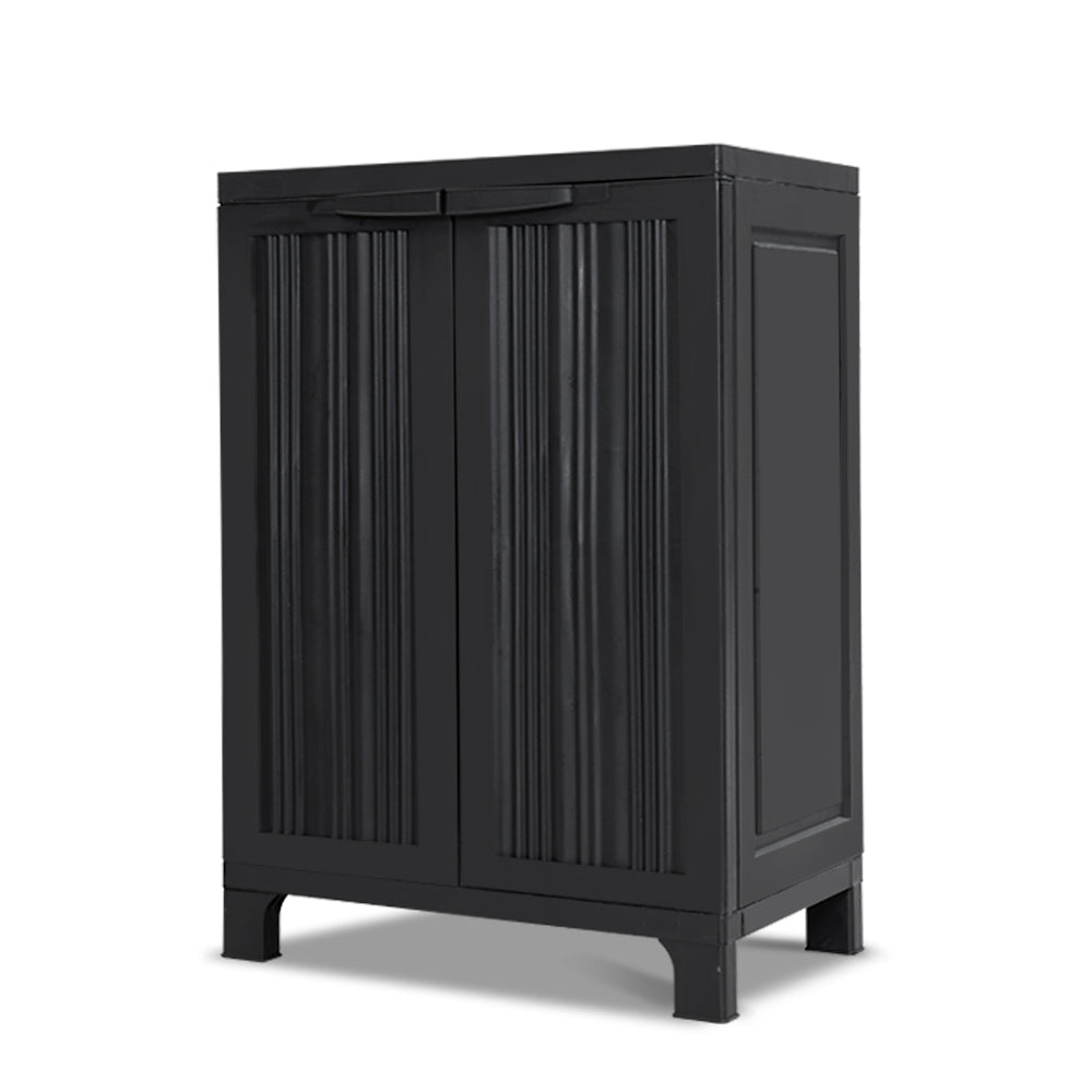 Gardeon Outdoor Storage Cabinet in a garden setting, showcasing its stylish design and lockable doors.