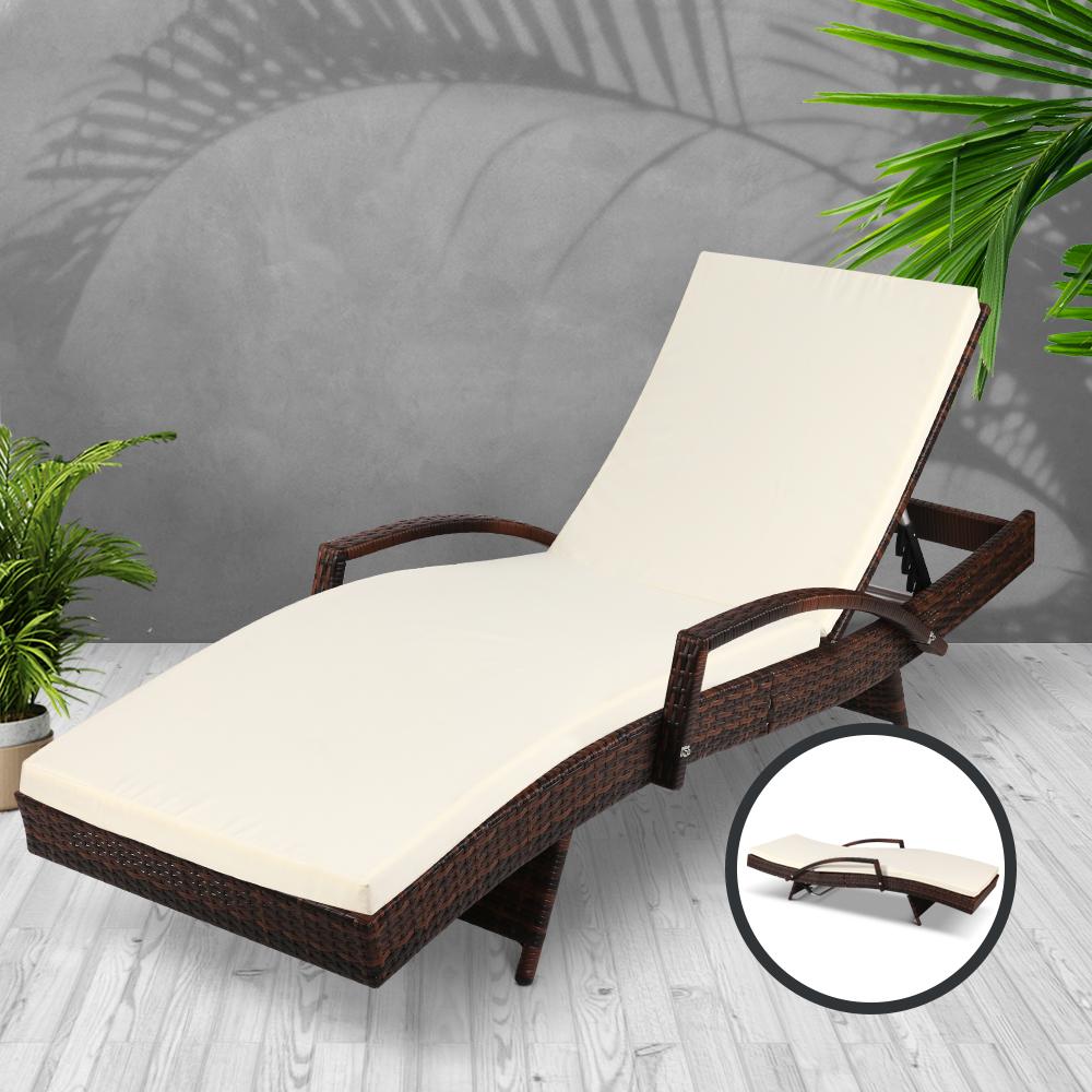 Gardeon Outdoor Sun Lounge in brown with beige cushions, showcasing its elegant design and adjustable backrest.