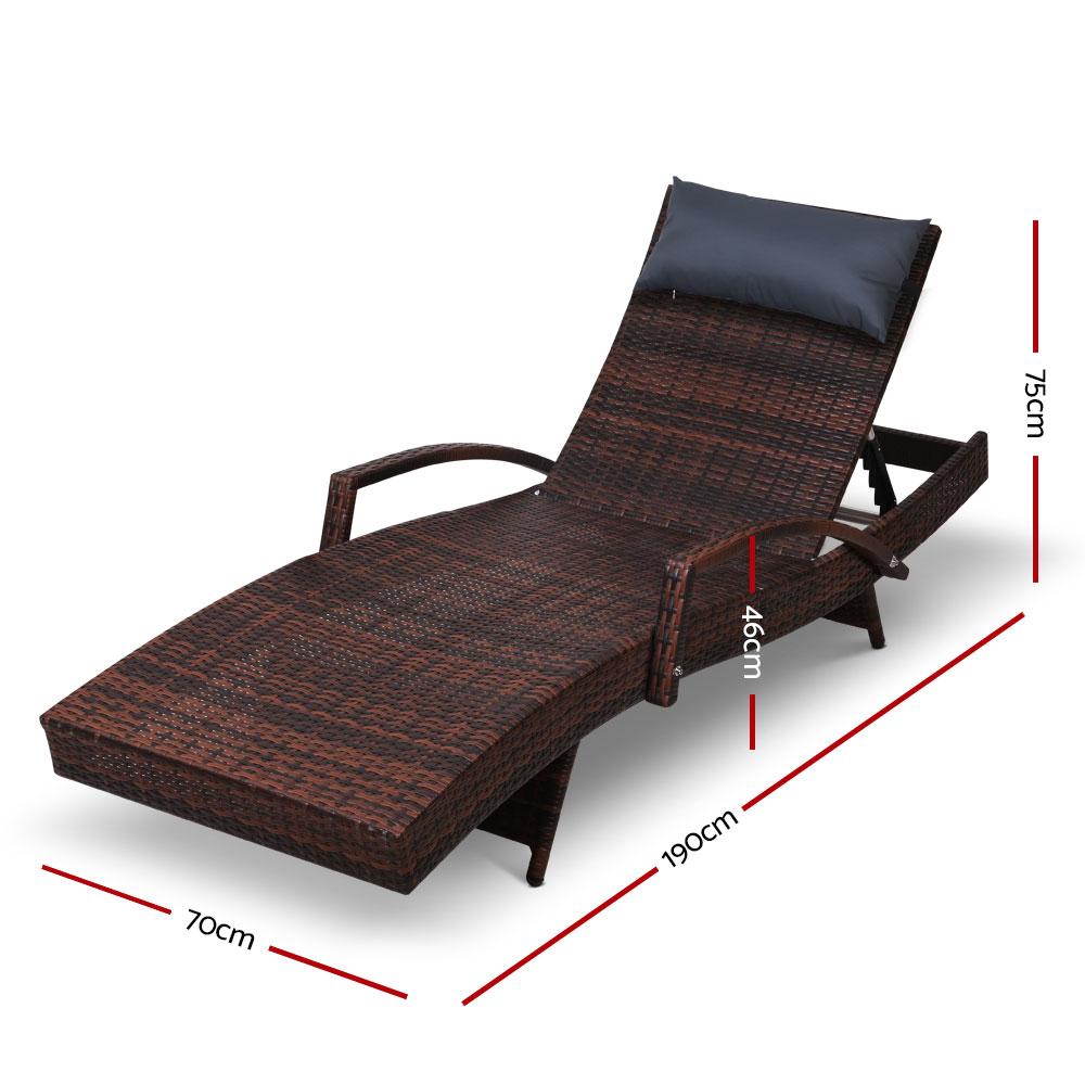 Gardeon Outdoor Sun Lounge Furniture Day Bed in brown wicker with adjustable armrests and black all-weather pillow, perfect for outdoor relaxation.