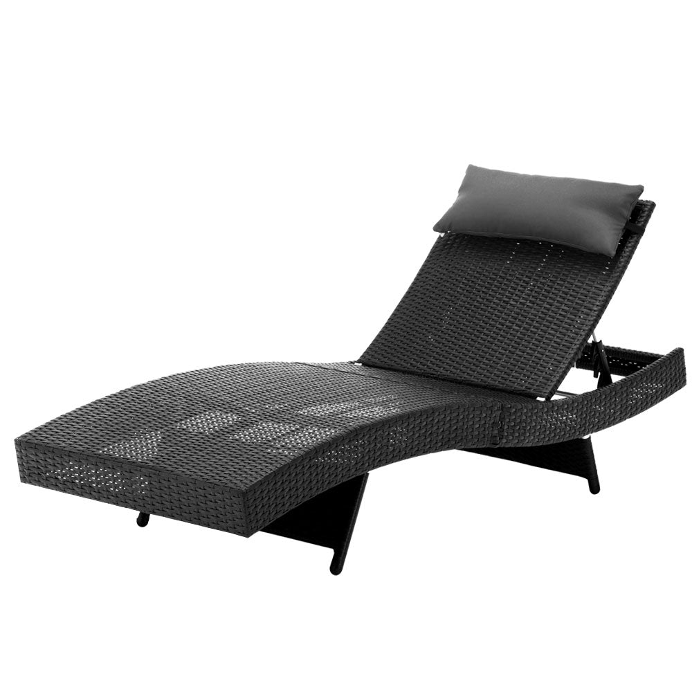 Gardeon Outdoor Wicker Sun Lounge in Black with lavender grey pillow, showcasing its elegant design and adjustable features.