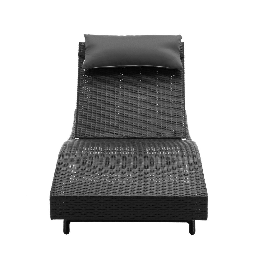 Gardeon Outdoor Wicker Sun Lounge in Black with lavender grey pillow, showcasing its elegant design and adjustable features.